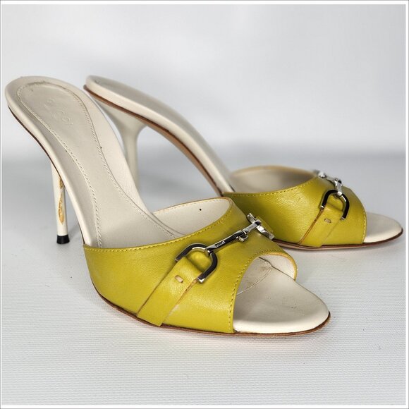 GUCCI vintage 37.5 mustard Leather LOGO Horsebit Stiletto Sandals Slides Authent - Picture 1 of 5